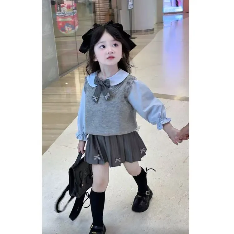 女童学院风套装2025秋装新款儿童公主裙针织马甲宝宝衣服秋季童装