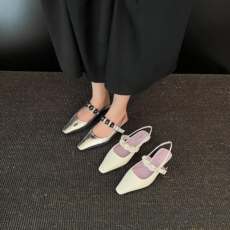 新款水钻温柔仙女风夏季法式包头浅口水钻坡跟一字带花朵女凉鞋