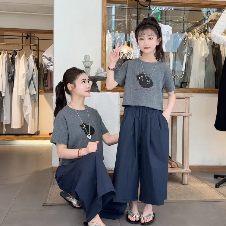 （慵懒风）韩版猫咪短袖上衣+山本裤裙套装时尚休闲洋气亲子