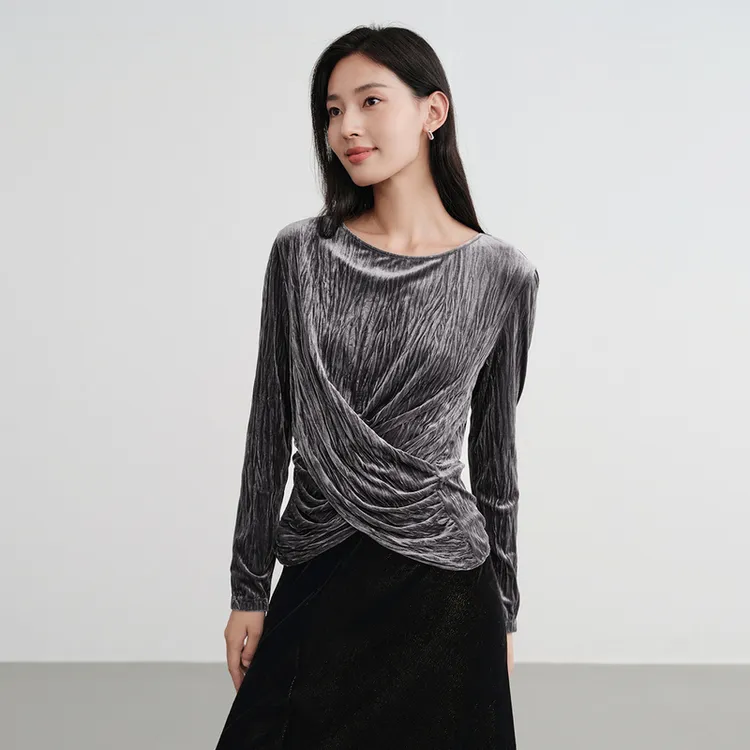 EP雅莹蓝标系列|水波纹压褶丝绒长袖圆领T恤上衣 2025早秋5522A