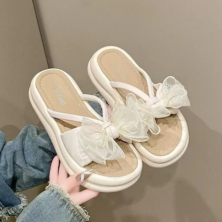 绝美法式厚底增高凉拖鞋外穿夏季新款仙蝴蝶结休闲一字拖百搭网红