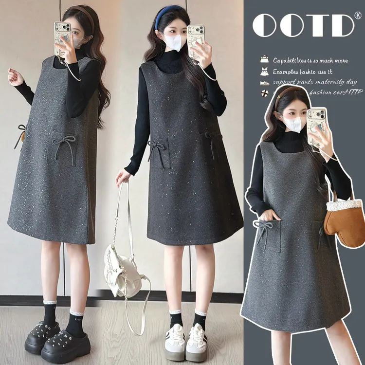 孕妇毛呢背心裙套装冬季新款韩版宽松气质闪晶晶加厚气质连衣裙