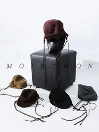 冬季新款小众设计师款休闲百搭纯色飘带帽子