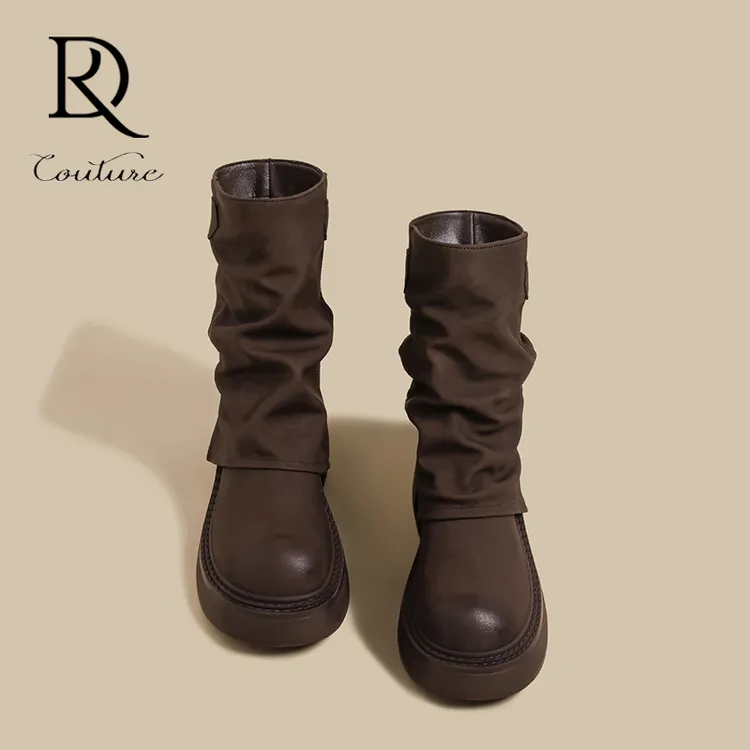 【DR官方正品】秋冬通勤~2025秋冬粗跟裤管靴女英伦风棕色机车西部