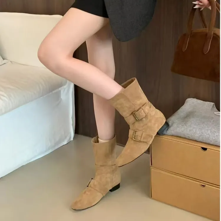 2025秋季新款小众设计堆堆靴子短靴小方头西部靴百搭中筒靴女靴子