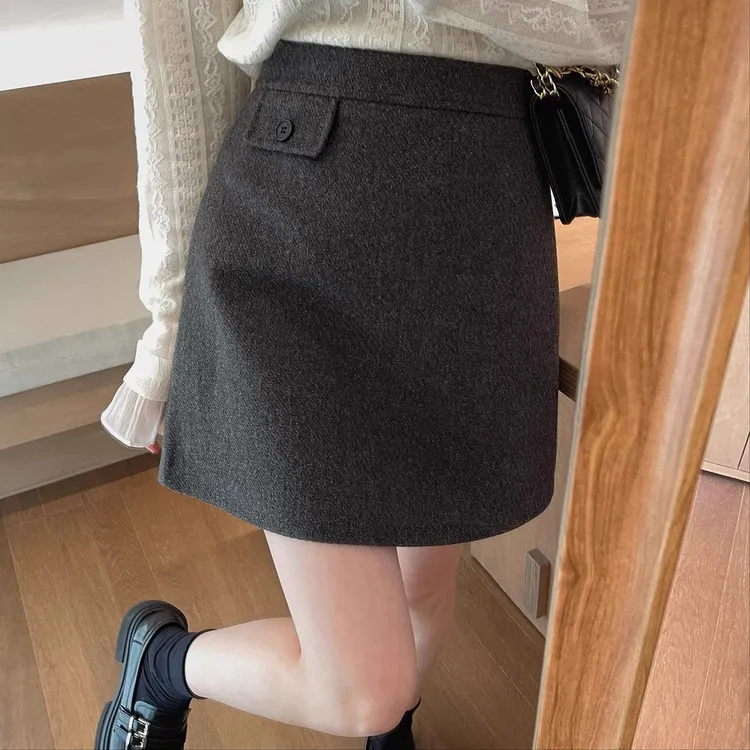 深灰色毛呢半身裙女2025秋季新款大码胖mm高腰显瘦防走光a字短裙