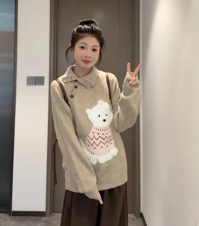 百搭针织女装卡通套头秋季保暖翻领毛针织衫不起球