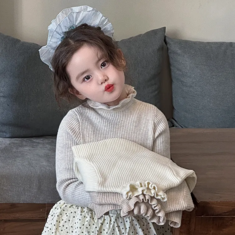 女童木耳边打底衫毛衣秋冬新款纯色百搭荷叶领加绒加厚针织衫保暖