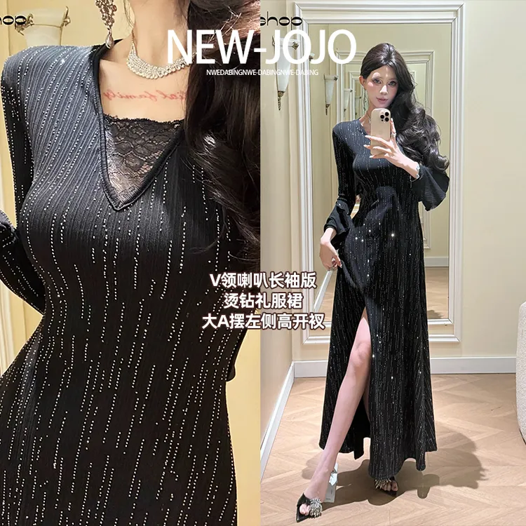 G5/F888/1225【异域风情】【现货有运费险】V领蕾丝长袖烫钻礼服长裙