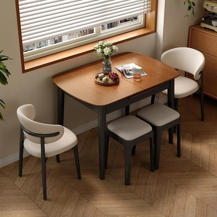 法式复古实木餐桌家用小户型现代简约可伸缩中古风餐厅饭桌椅组合