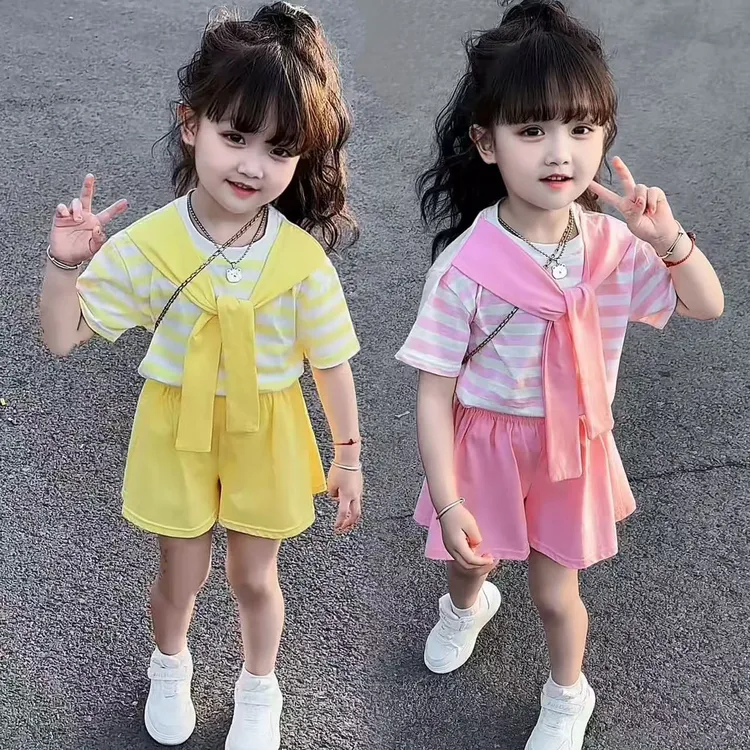 [亲子款]纯棉女童夏季套装新款披肩条纹短袖两件套甜美休闲
