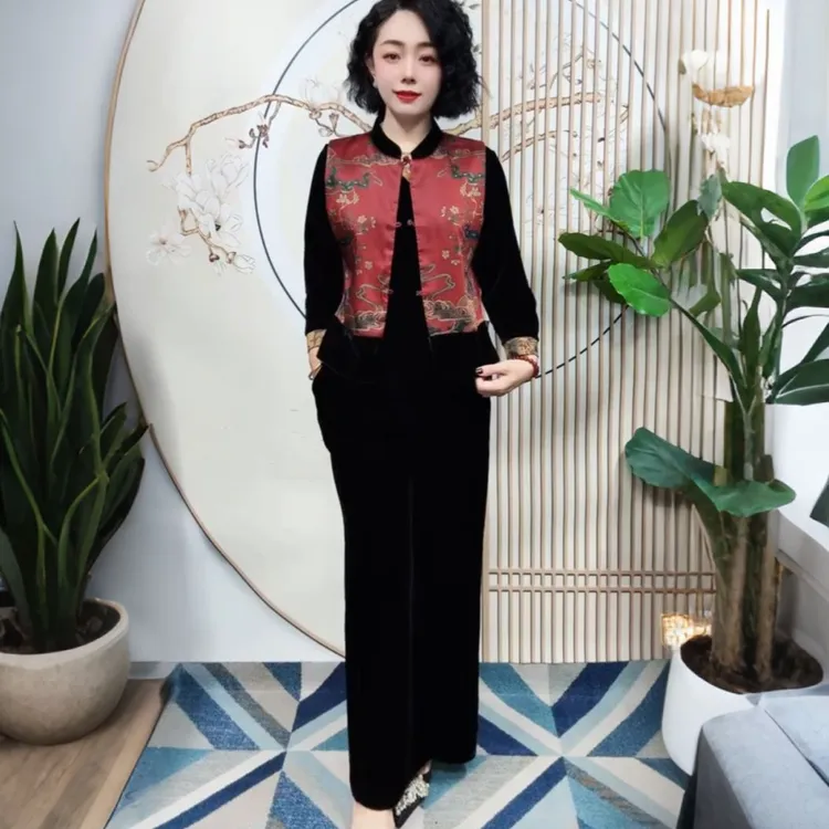 高级感国风步摇撞色中老年妈妈旗袍衫上衣秋季丝绒洋气大码套装女