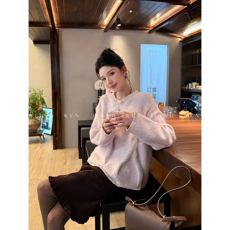 【雪黛】羊毛轻奢小香风圆领撞色边针织衫毛衣