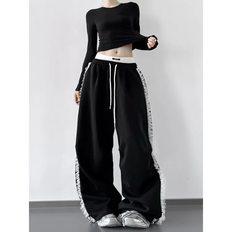2025秋季新款美式复古蕾丝边运动卫裤女休闲高个子阔腿裤