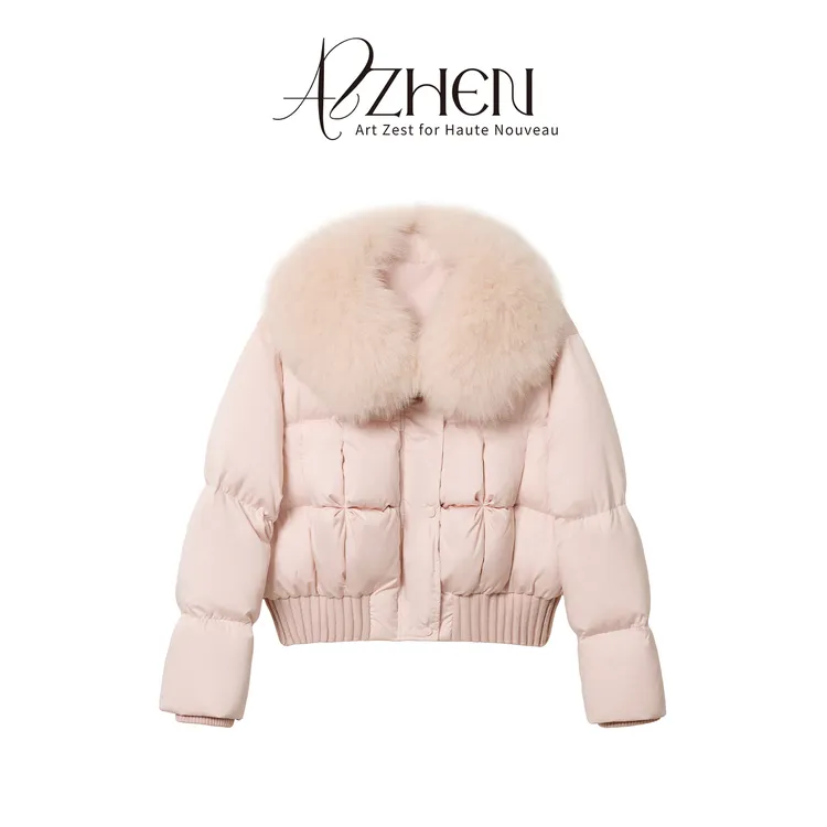 AZZHEN【四叶草泡芙】柔雾超大翻领狐狸毛皮草保暖短款羽绒服冬季