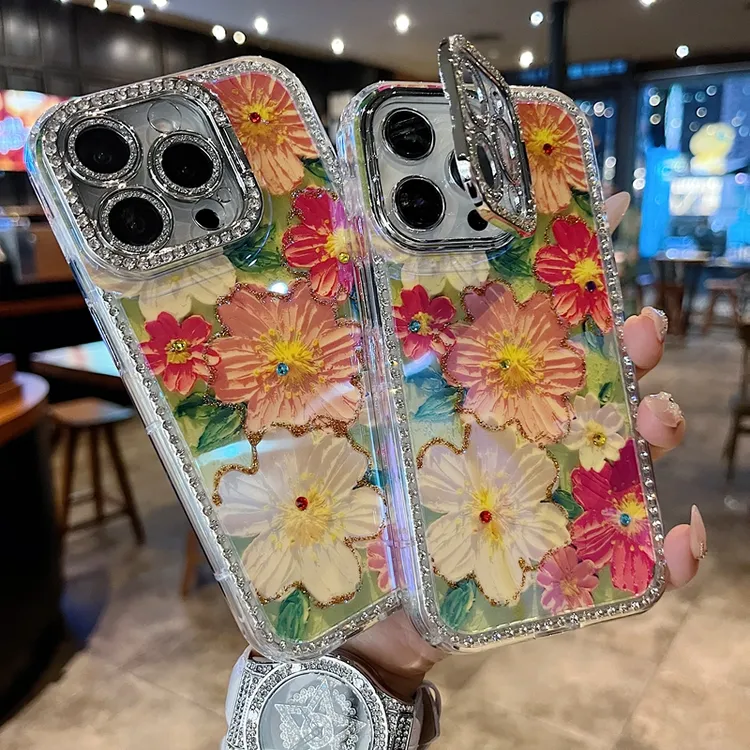 适用苹果系列iPhone16新款手机壳油画石榴花全包镜头膜钻框支架