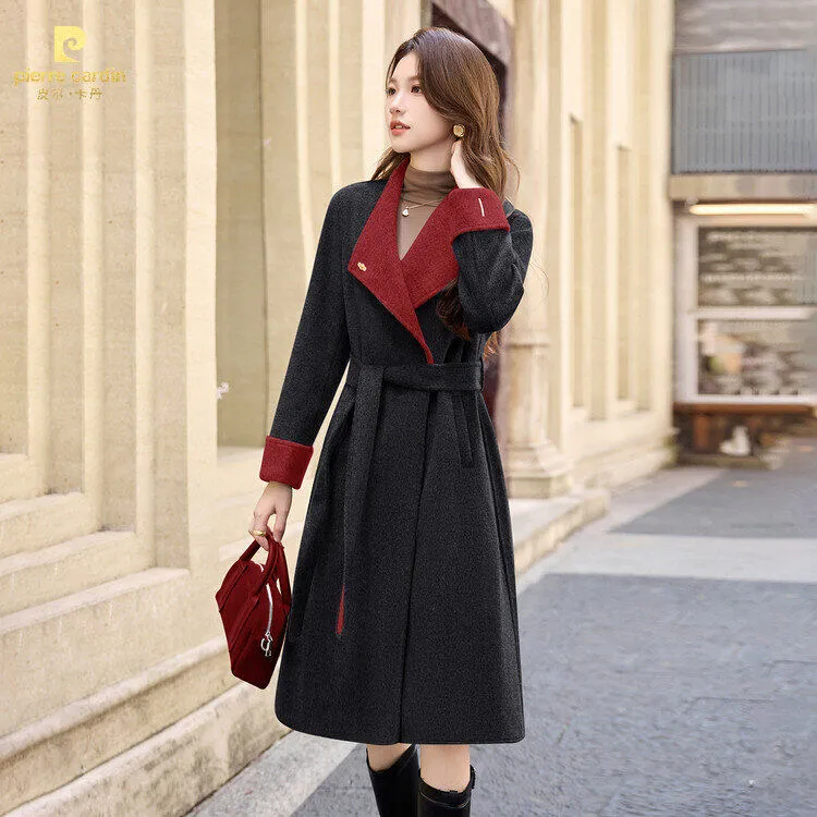 皮尔卡丹秋冬季女款手缝双面羊毛呢大衣时尚风洋气中长款修身显瘦
