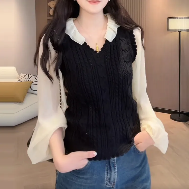 法式撞色拼接假两件针织衫女2025秋新款休闲简约百搭减龄洋气上衣