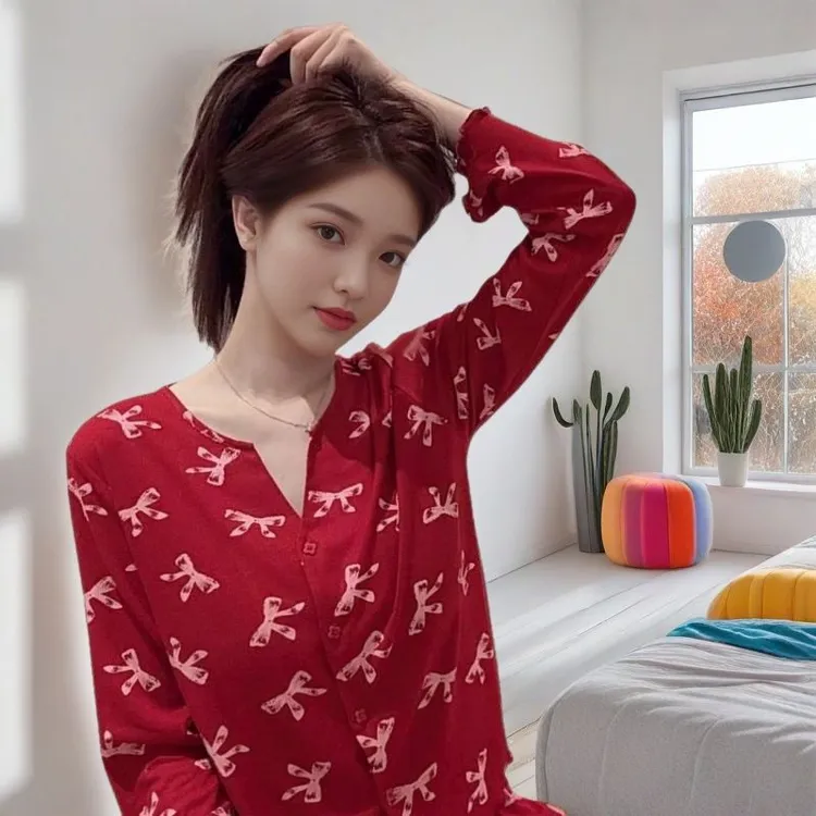 新年睡衣女春秋薄款代尔棉二件套装红色本命年家居服圣诞节礼物