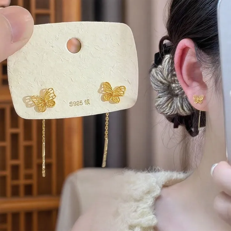 铜合金耳饰 法式复古金色镂空蝴蝶流苏耳线气质百搭耳环轻奢耳饰