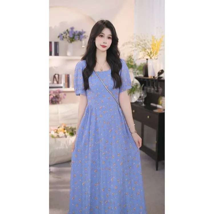 【有口袋】时尚夏日方领碎花连衣裙收腰显瘦百搭显白复古碎花裙1513