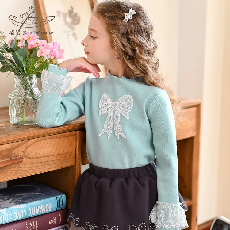 船鼠女童打底衫加绒一体绒半高领木耳边蝴蝶结钉珠 儿童长袖t恤冬