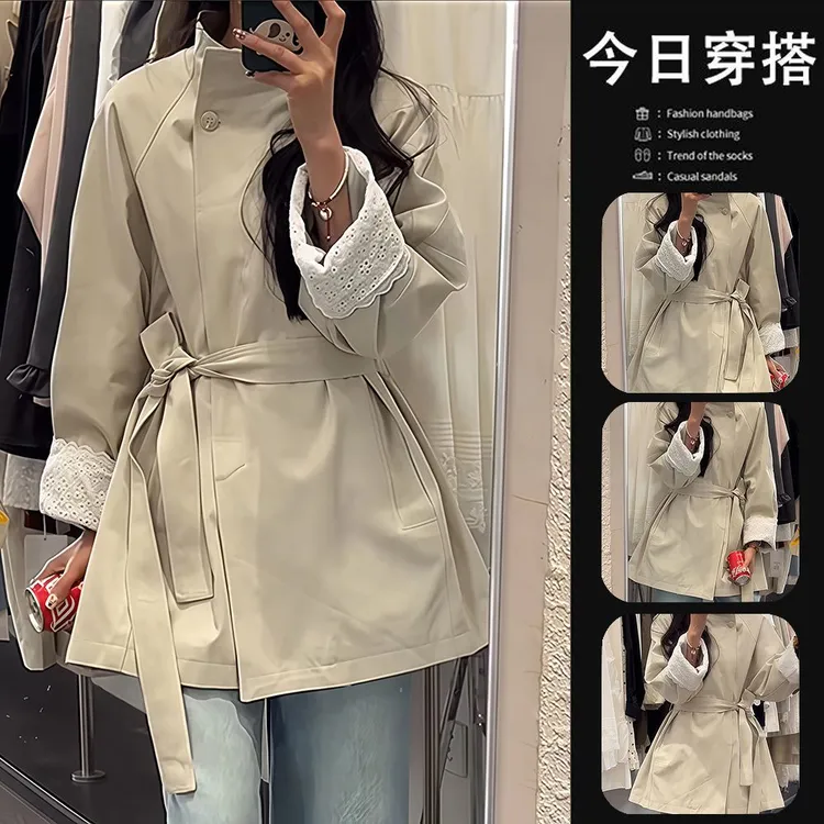 韩系复古减龄拼接中长款风衣外套女早秋新款小个子气质高级感上衣