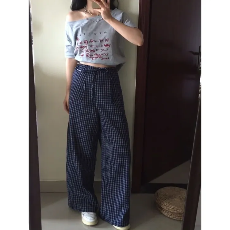 parkyeon韩系复古不规则斜肩灰色短袖上衣藏蓝色格子休闲裤套装