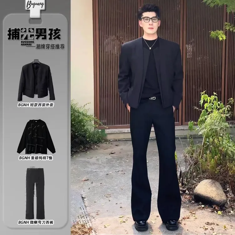 美式解构垫肩西服套装男模酷帅穿搭一整套韩版痞帅无扣门襟dk西装
