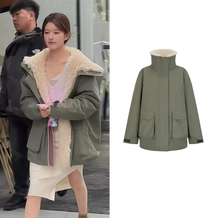 许我耀眼 赵露思同款绿色仿羊羔毛冲锋衣外套派克服羊羔绒棉服女