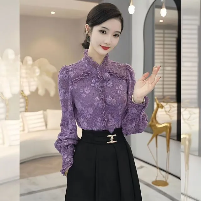 秋冬高级感丝绒长袖衬衫女2025新款独特漂亮加厚紫色蕾丝内搭上衣