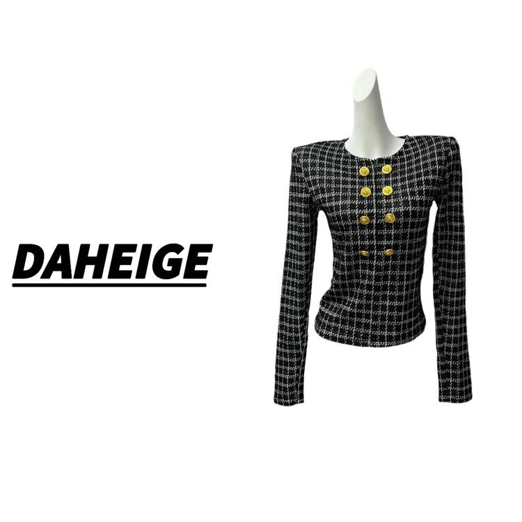 D.hge3001#冬季双排扣复古内搭长袖纯色小香风修身常规款女装上衣