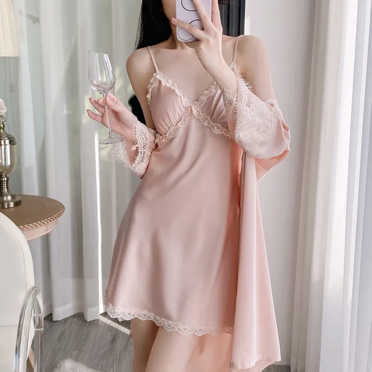 睡衣女春夏季冰丝睡裙蕾丝花边吊带睡袍两件套女士2025女睡裙冰丝