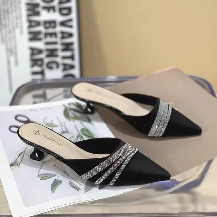 仙女风尖头细跟凉鞋女鞋子2023年夏季新款水钻低跟包头半拖女外穿