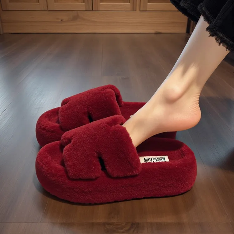 【羊羔绒】红色毛毛拖鞋女外穿2025新款秋冬厚底高级感一脚蹬棉拖