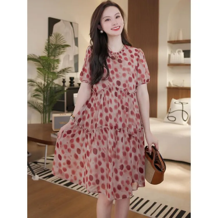 【法式复古波点碎花连衣裙夏季小众垂感时尚显瘦别致中长款茶歇裙