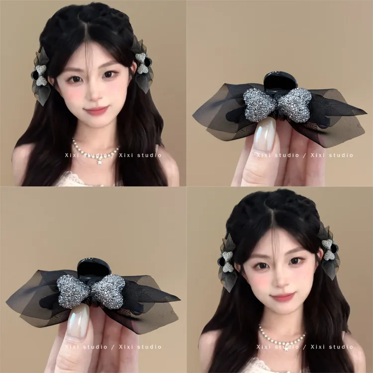 黑色网纱蝴蝶结爱心水钻抓夹韩系满天星小号刘海夹鲨鱼夹新品头饰