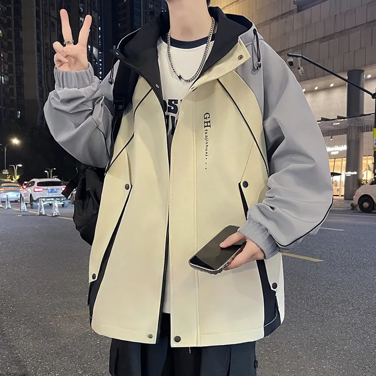 春秋男生美式新款休闲拼色长袖开衫外套宽松百搭秋季潮流连帽夹克
