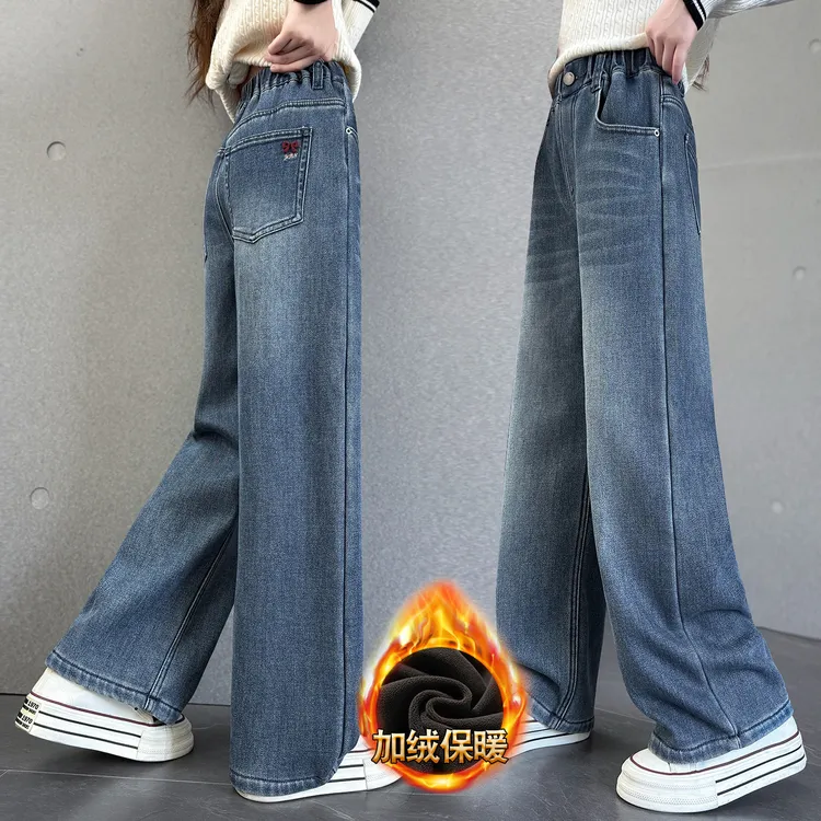 女童加绒裤子一体绒直筒裤2025新款女孩蝴蝶结窄版儿童冬季牛仔裤