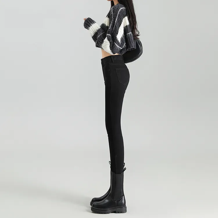 雪千羽2025黑色紧身牛仔裤女小脚裤秋新款高腰弹力加绒加厚铅笔裤