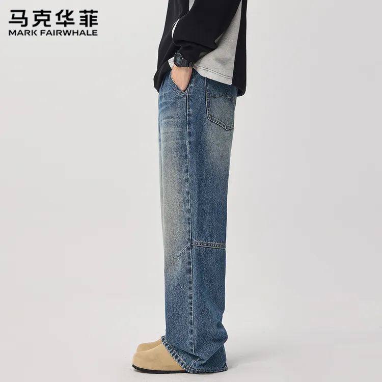 马克华菲潮牌新款直筒牛仔裤男春秋季水洗拼接复古休闲无弹长裤子
