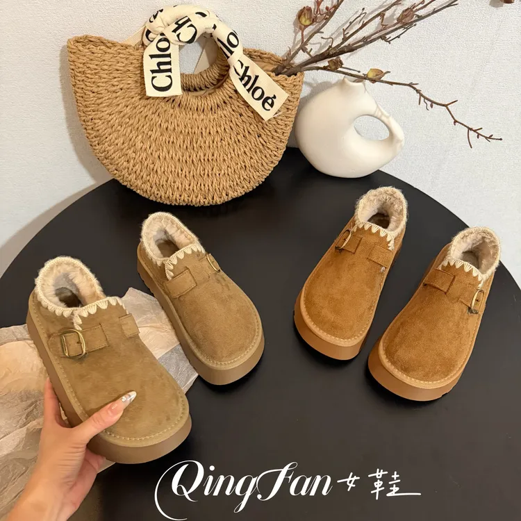 厚底雪地靴女2025新款冬季加绒女鞋子外穿毛毛勃肯鞋低帮保暖棉鞋