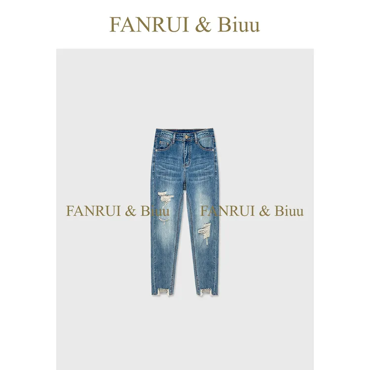 FANRUI/泛芮「风蚀」水洗棉磨毛破洞高腰复古显瘦烟管小脚裤B16765