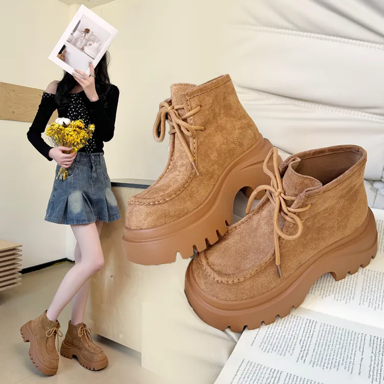 复古厚底增高马丁靴女2025秋季新款时尚美拉德显瘦短靴系带大黄靴