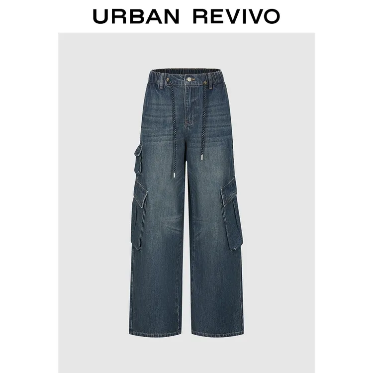 UR2025冬季新款女装复古水洗工装风口袋牛仔长裤UYV850190
