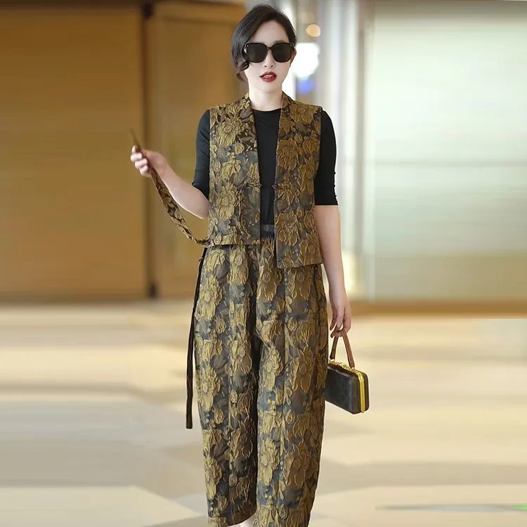 休闲马甲两件套春夏不规则提花马夹背心女坎肩外套搭萝卜裤套装女