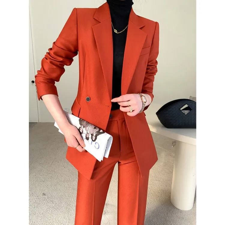 春秋韩版气质女神范修身显瘦西装时尚套装减龄正装微喇长裤两件套