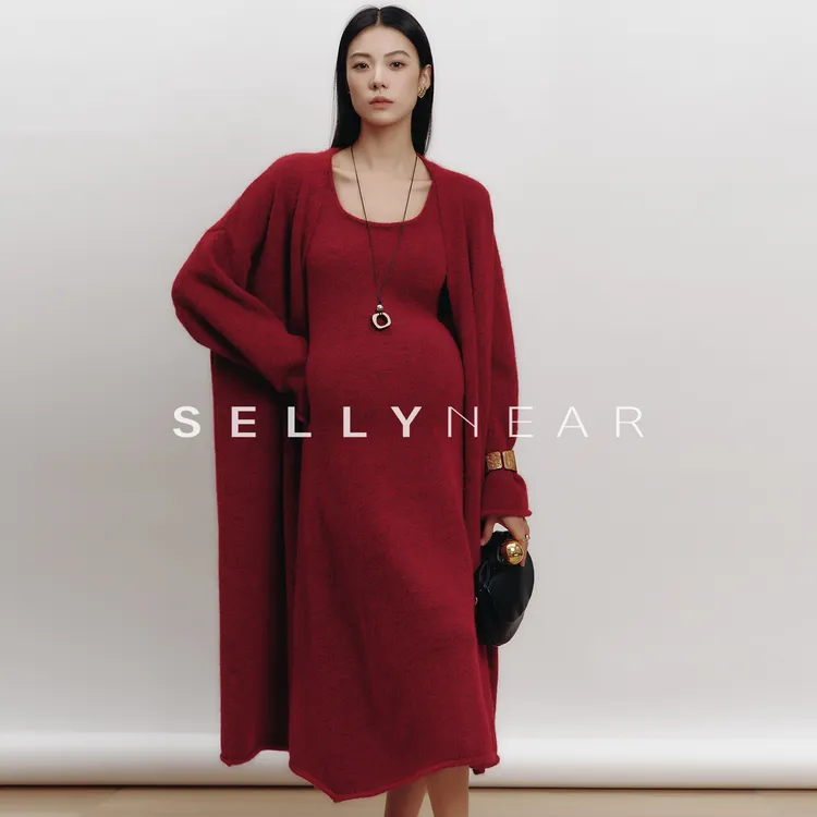 SELLYNEAR孕妇套装冬时尚宽松高级慵懒红色针织背心两件套新年装