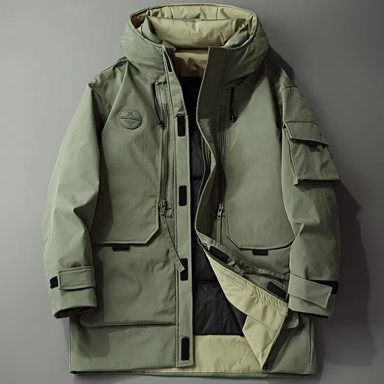 【奥莱折扣】军绿工装羽绒服男士中长款冬季宽松加厚保暖冲锋衣外套