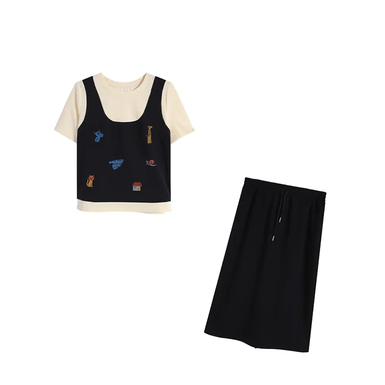 五季家夏季套装藏青色两件套大码女装撞色拼接短袖裙裤ZL108540